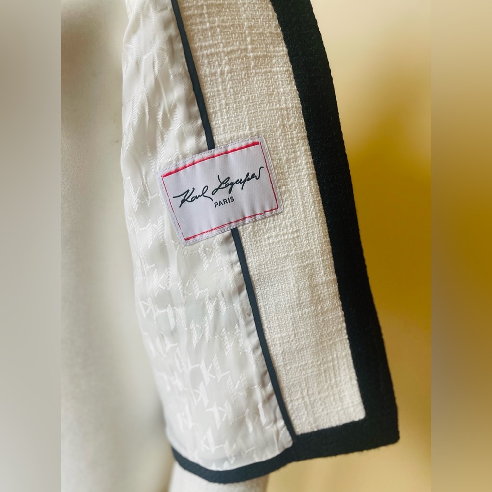 NWT KARL LAGERFELD PARIS TWEED OPEN FRONT COLOR BLOCK BLACK/WHITE BLAZER SIZE 2 - Picture 5 of 14